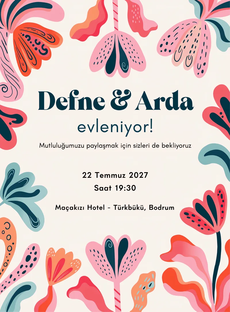 Mercan ve şeftali çiçekli pastel düğün davetiyesi