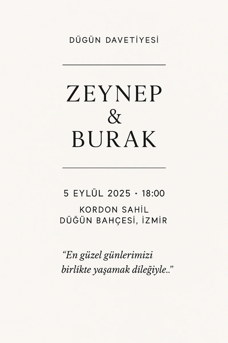 Beyaz zemin üzerine siyah yazılı minimalist düğün davetiyesi