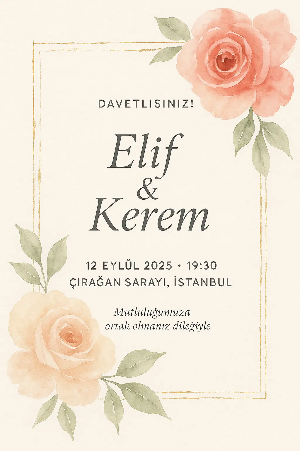 Modern Güllü Düğün Davetiyesi