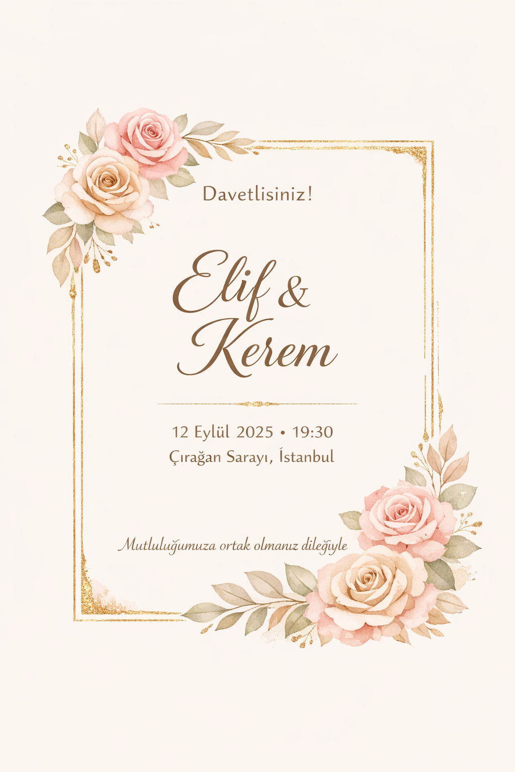 Pastel tonlarda suluboya pembe ve şampanya güllerle süslü modern düğün davetiyesi