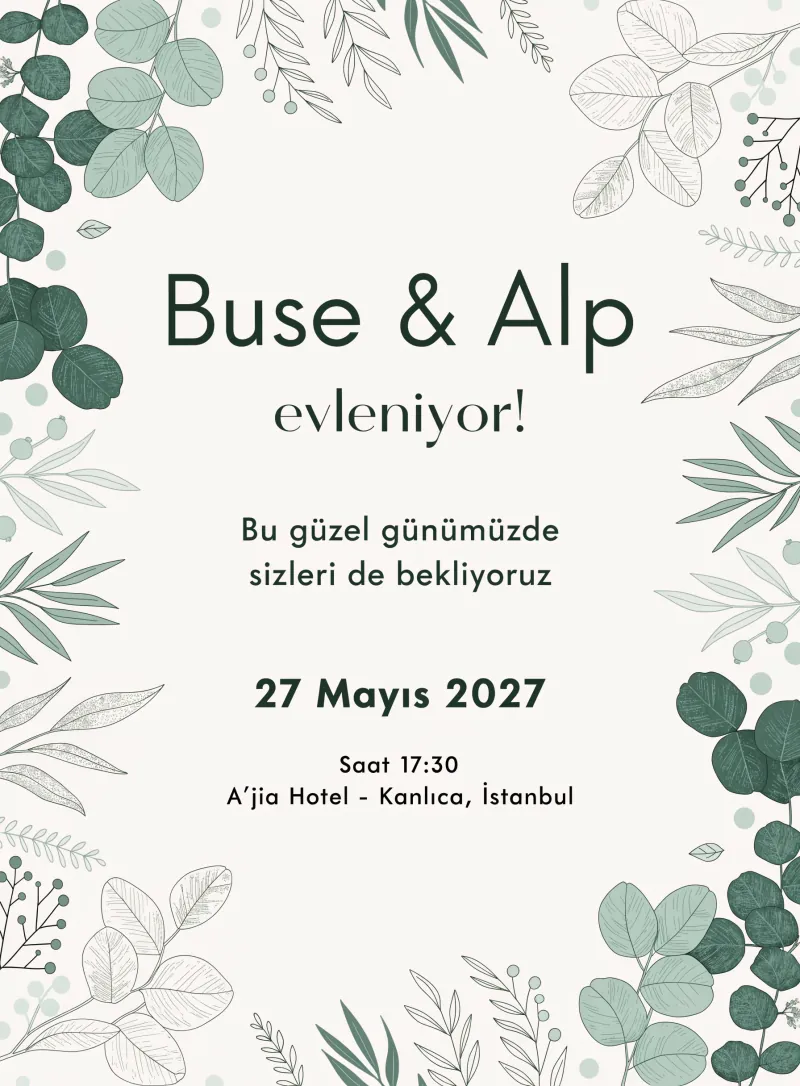 Nane yeşili ve okaliptus yapraklı botanik düğün davetiyesi