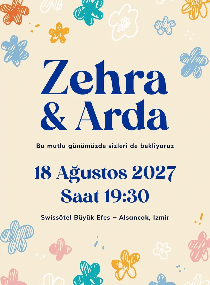 Pastel sarı arka planlı minik çiçek desenli minimal düğün davetiyesi