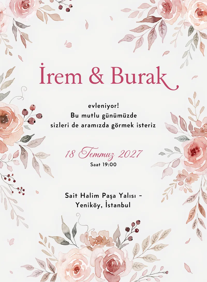 Yumuşak pembe güller ve pudra tonlarında suluboya düğün davetiyesi