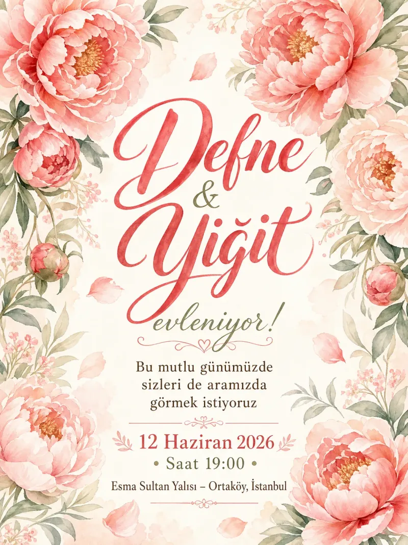 Suluboya pembe şakayık çiçekleri ve mercan tonlu romantik düğün davetiyesi
