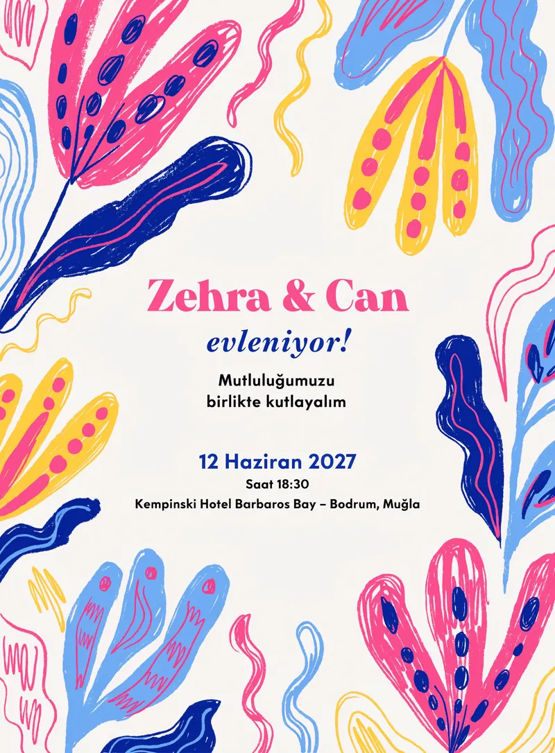 Renkli kır çiçekleriyle süslenmiş neşeli sanatsal düğün davetiyesi