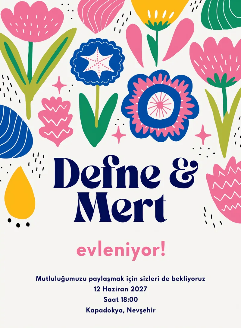 Renkli kır çiçekleri ve soyut şekillerle süslenmiş modern düğün davetiyesi