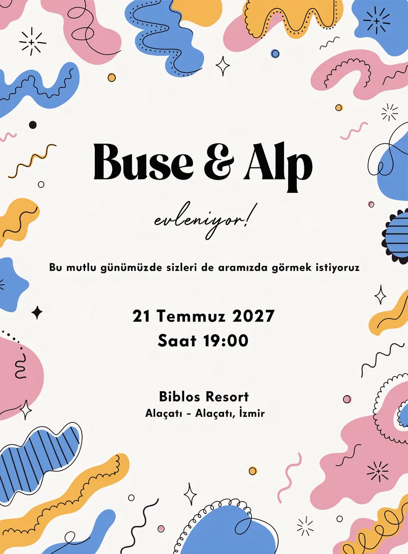 Renkli konfetili neşeli modern düğün davetiyesi