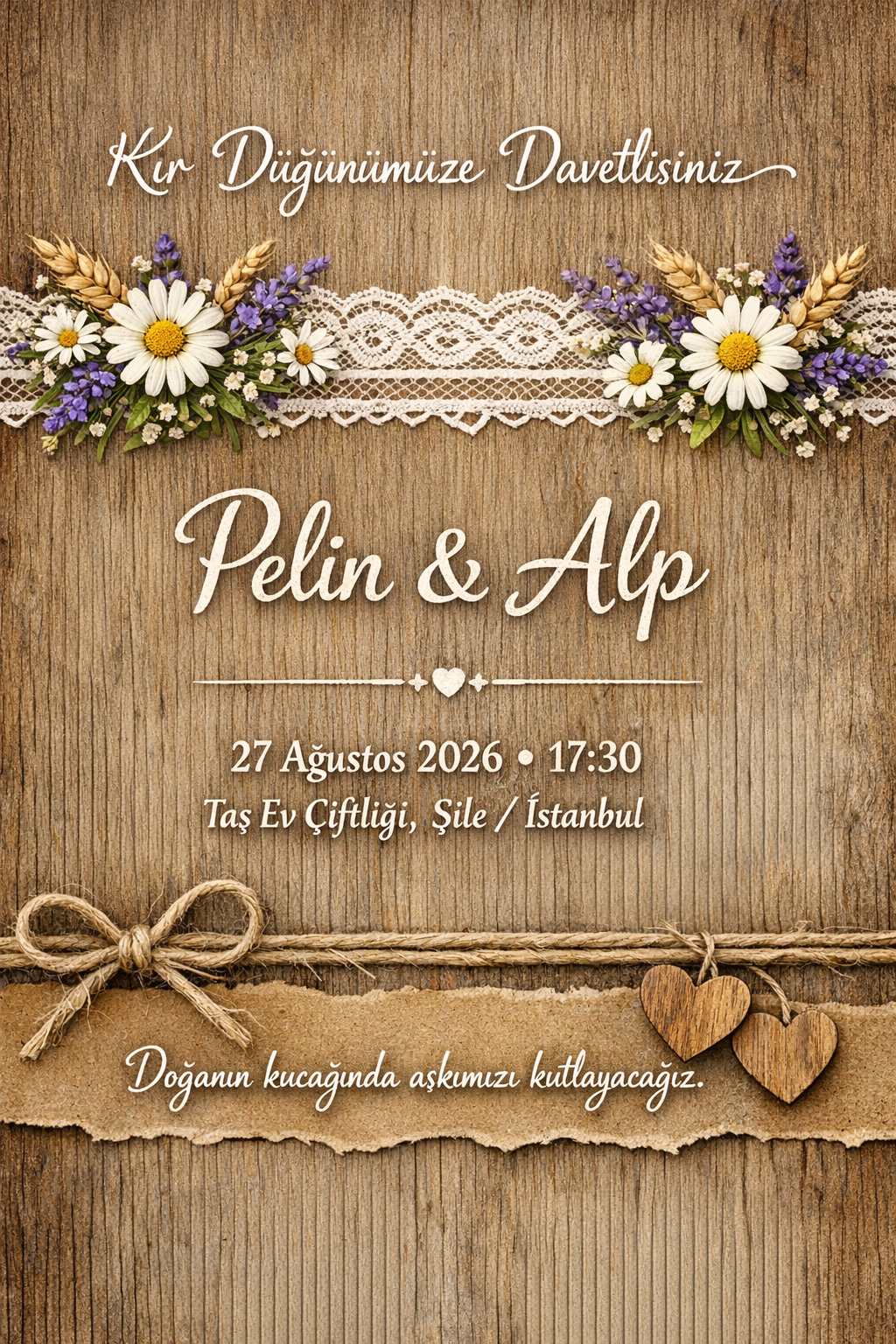 Ahşap dokulu rustik düğün davetiyesi