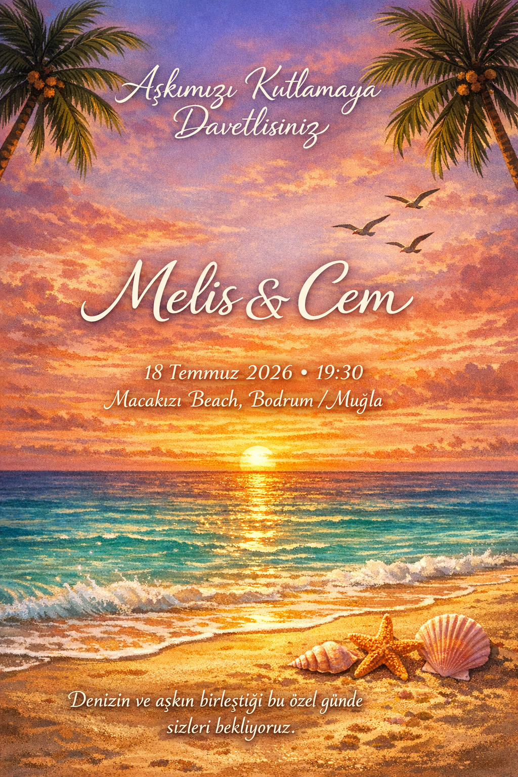 Gün batımında sahil manzaralı düğün davetiyesi