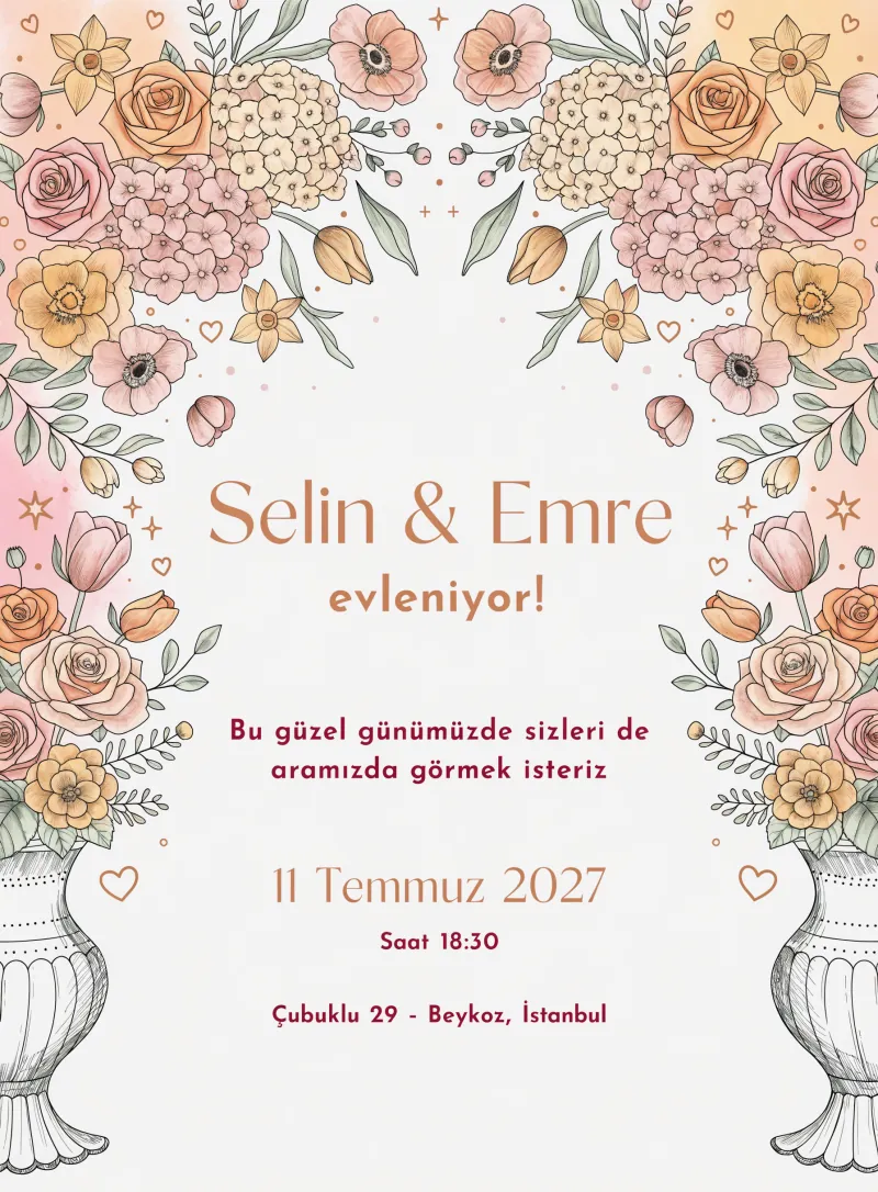 Şeftali ve pudra tonlarında kalp motifli sevimli düğün davetiyesi