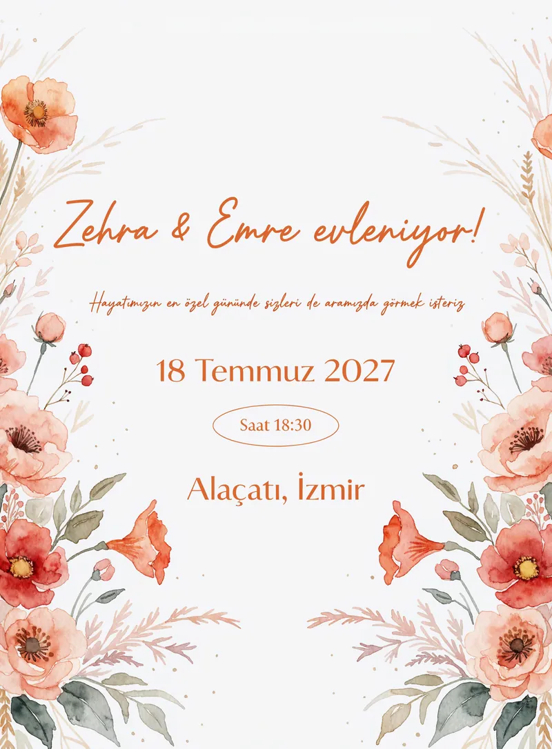 Şeftali ve mercan tonlarında suluboya çiçekli düğün davetiyesi