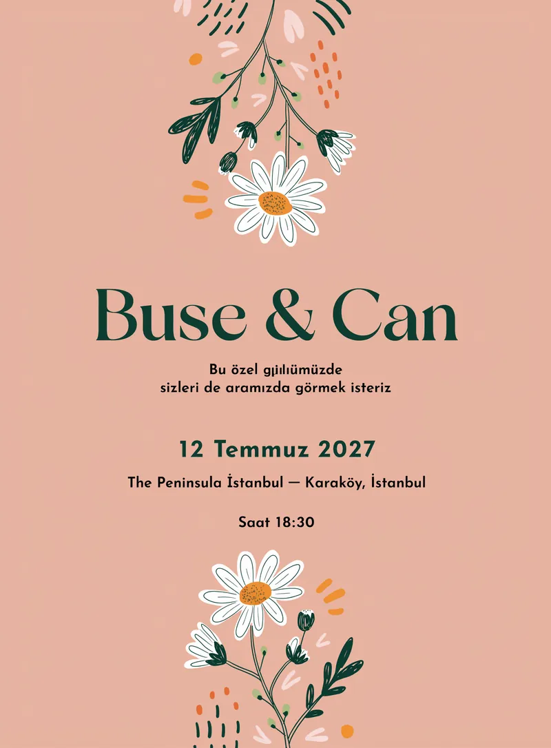 Şeftali arka planlı beyaz papatya çiçekli minimal düğün davetiyesi