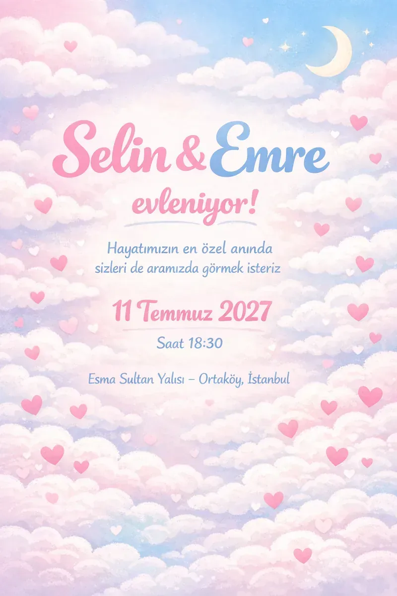 Pastel bulutlar ve kalplerle süslenmiş sevimli düğün davetiyesi