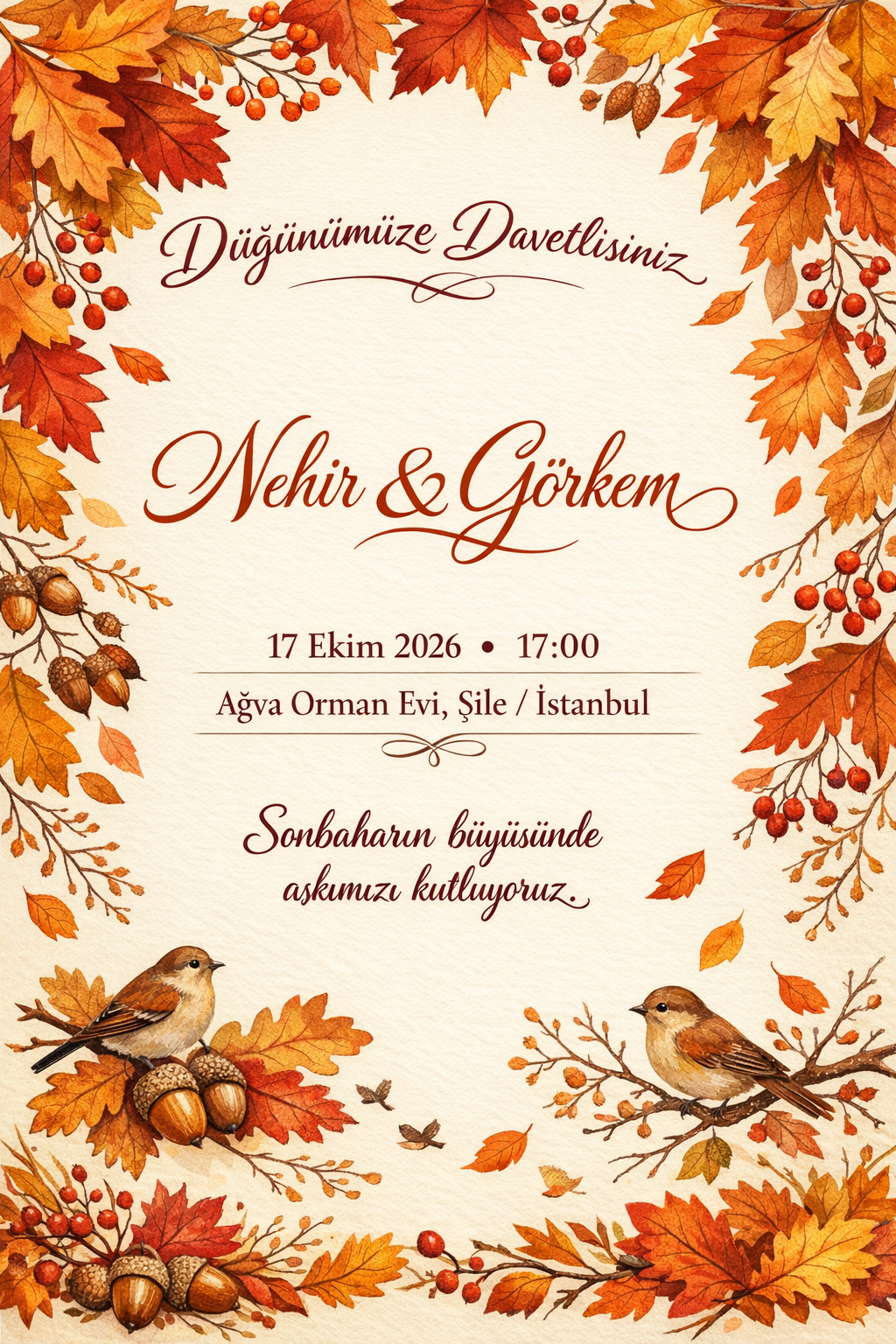 Sonbahar yapraklı düğün davetiyesi