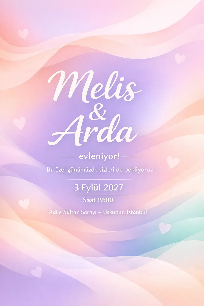 Soyut pastel dalgalar ve kalplerle süslenmiş modern düğün davetiyesi
