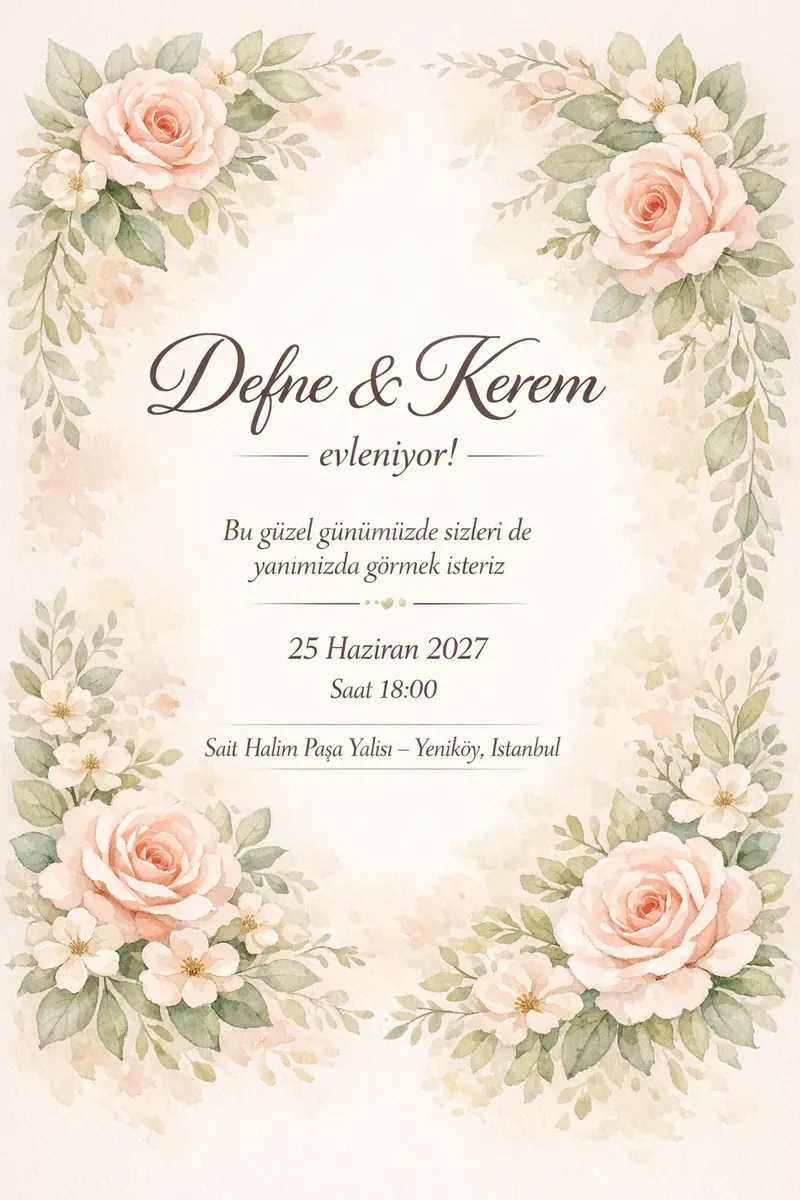 Suluboya çiçek çerçeveli zarif düğün davetiyesi