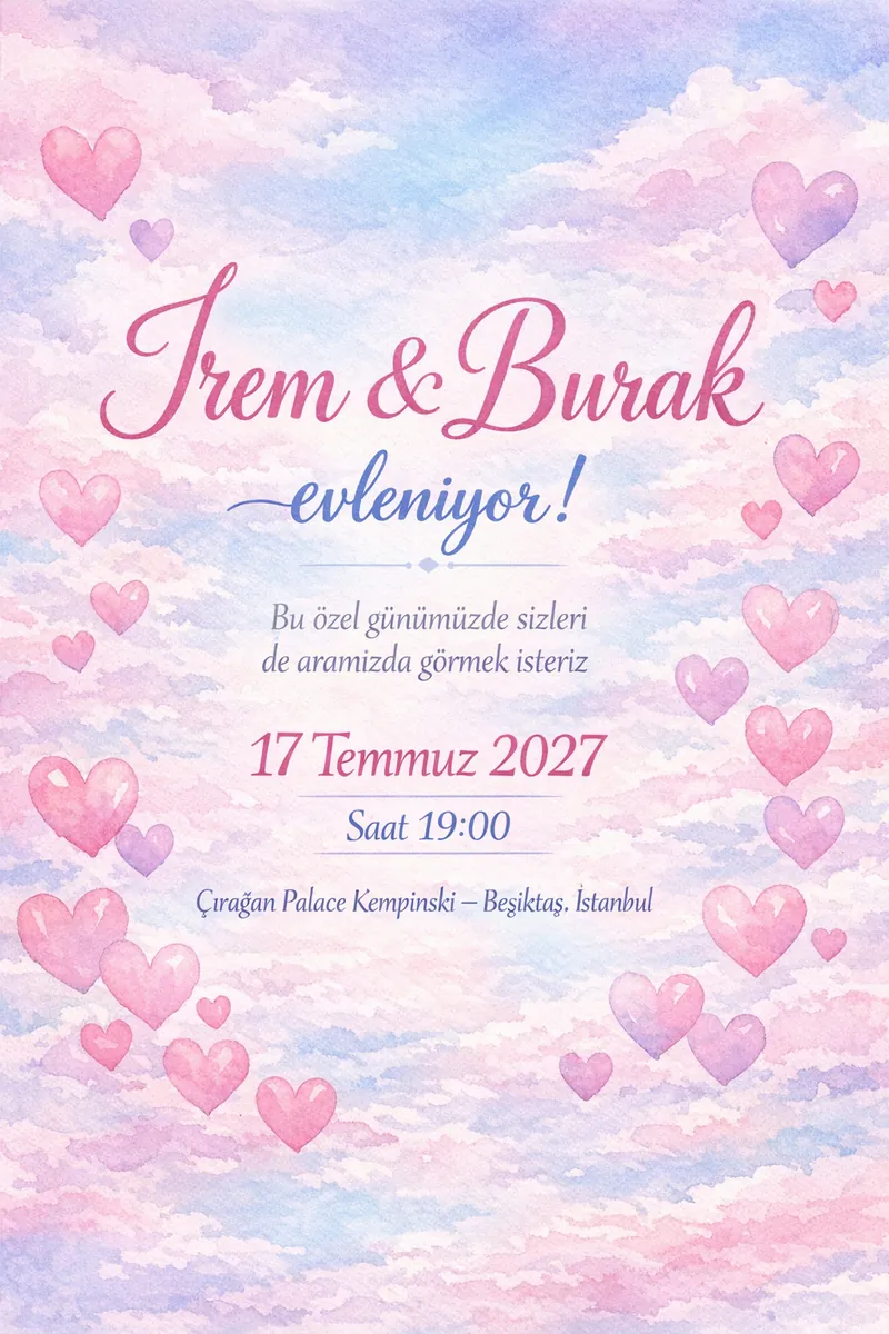 Pastel gökyüzü ve kalp şekillerle süslenmiş romantik düğün davetiyesi