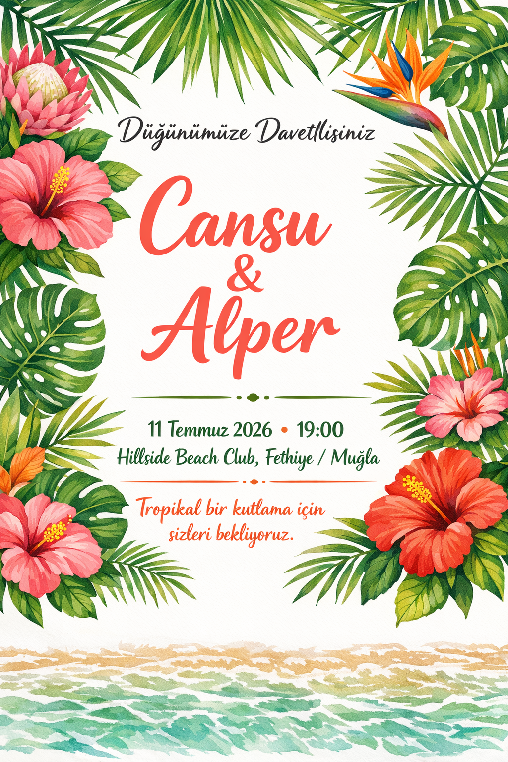 Tropikal palmiye yapraklı düğün davetiyesi