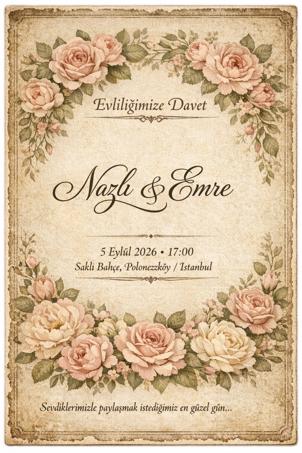 Vintage çiçek çerçeveli nostaljik düğün davetiyesi