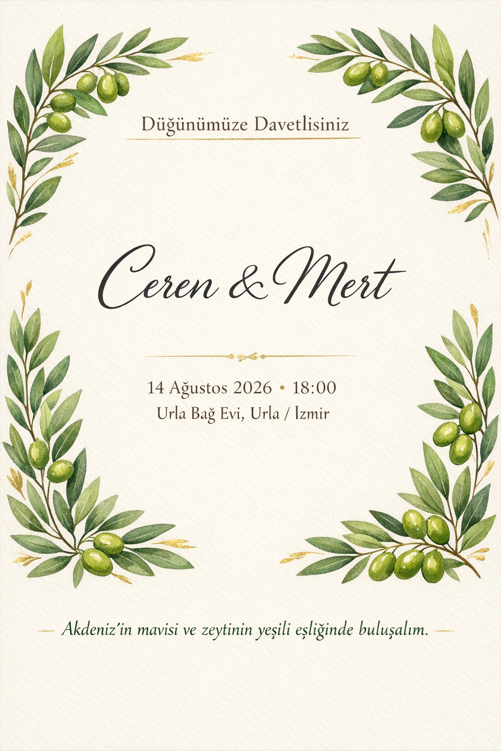 Zeytin dallarıyla süslenmiş Akdeniz temalı düğün davetiyesi