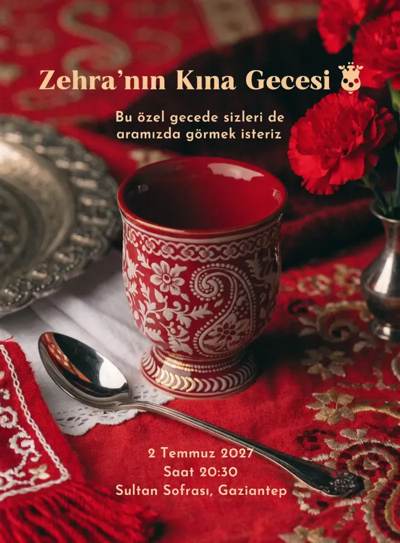 Kırmızı ve altın tonlarında geleneksel kına gecesi davetiyesi