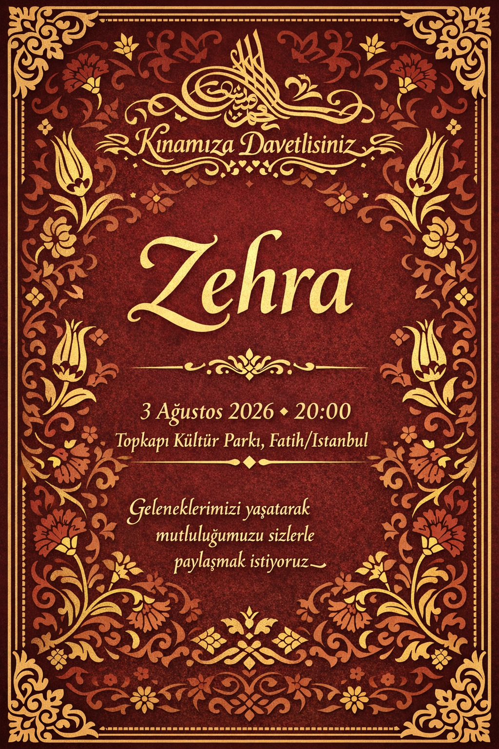Osmanlı desenleriyle süslenmiş geleneksel kına davetiyesi