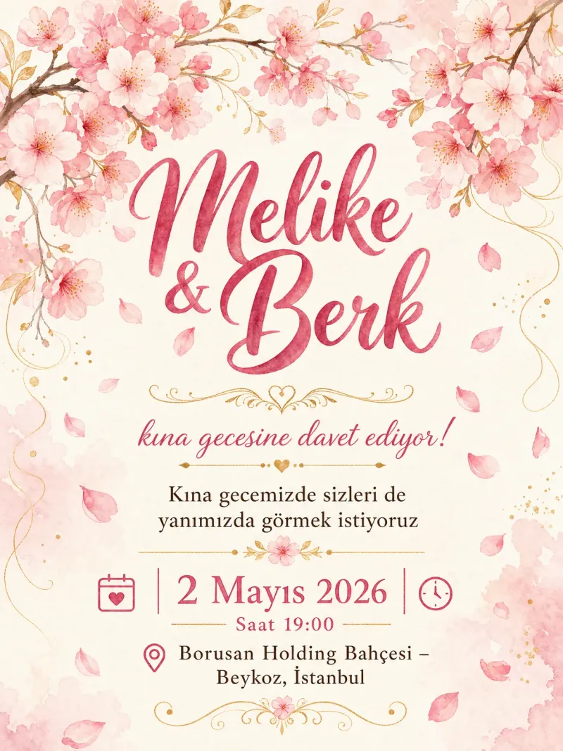 Sakura yaprakları ve pudra pembe tonlarda zarif kına davetiyesi