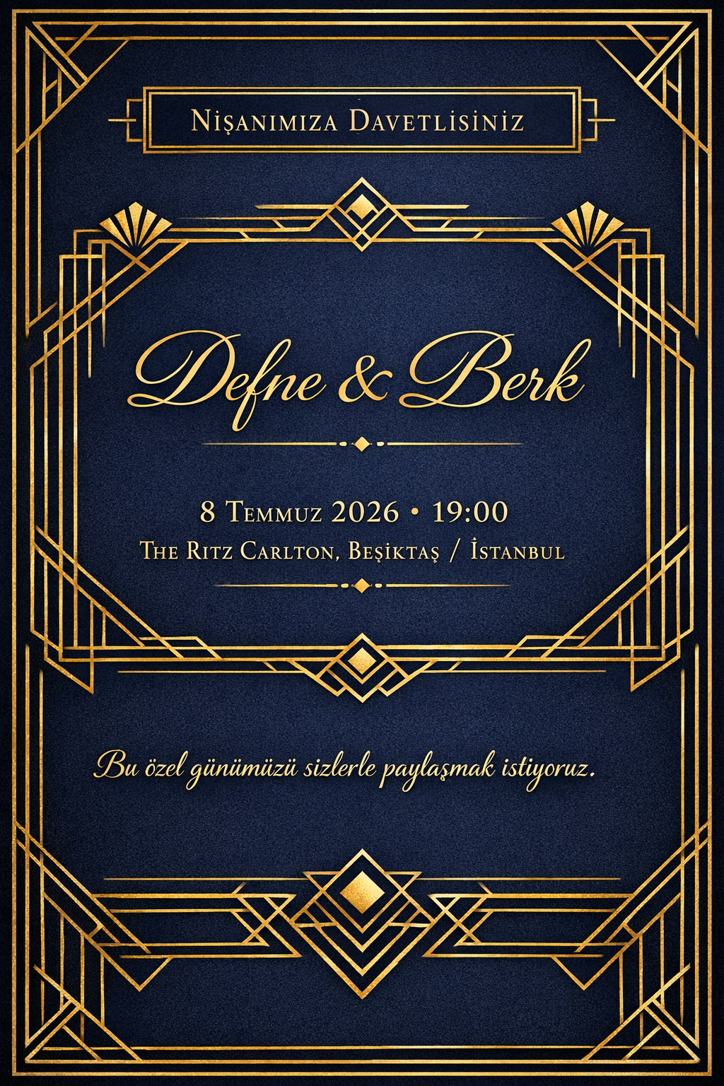 Altın geometrik desenli modern nişan davetiyesi