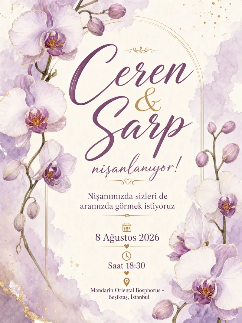 Lila orkide dalları ve leylak tonlarında modern nişan davetiyesi