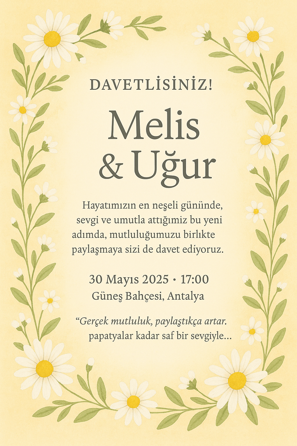 Sarı tonlarda papatya çiçekleriyle süslenmiş romantik nişan davetiyesi
