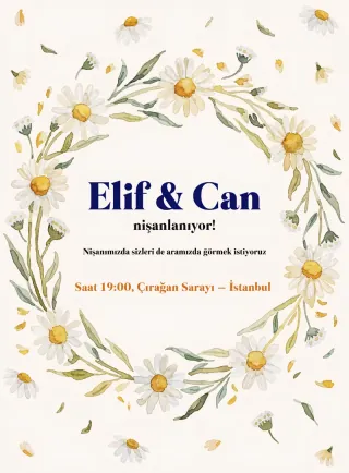 Suluboya papatya çelengi ve el yazısı tipografiyle süslenmiş nişan davetiyesi