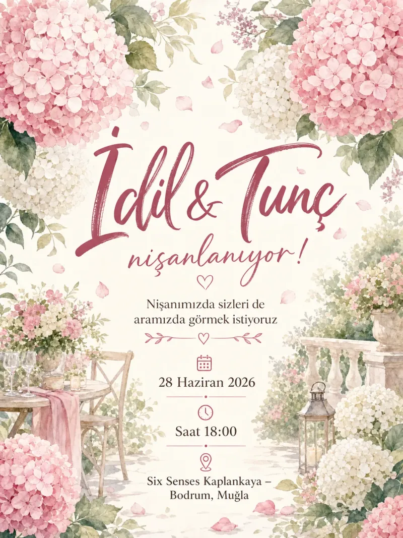 Pembe ortanca demetleri ve bahçe atmosferiyle romantik nişan davetiyesi