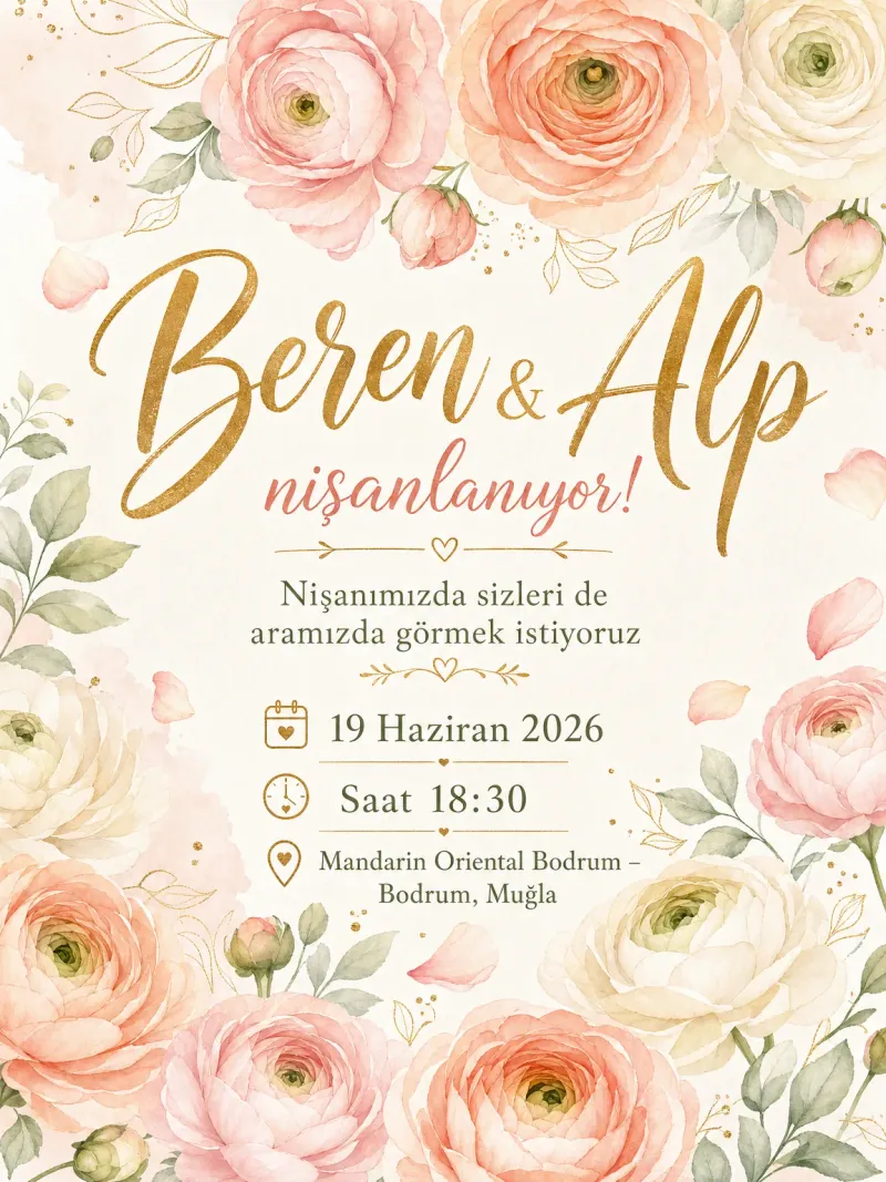 Şeftali tonlarında ranunculus çiçekleri ve yaldız aksanlı nişan davetiyesi