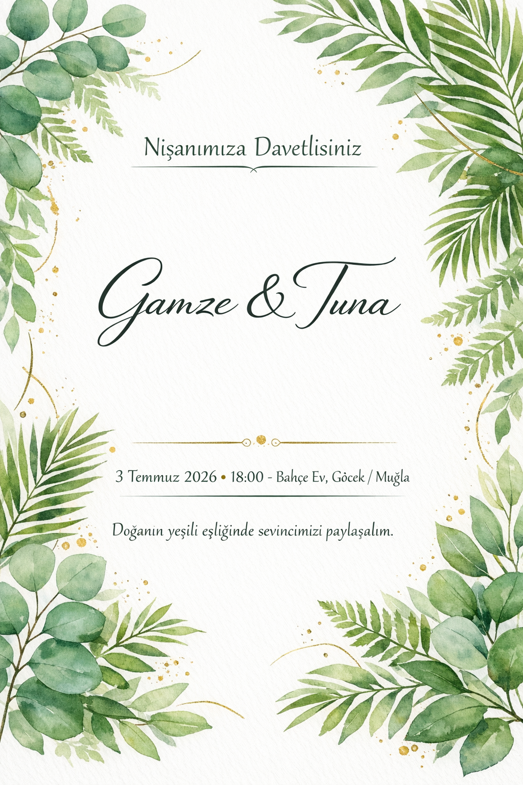 Botanik yapraklı yeşil nişan davetiyesi