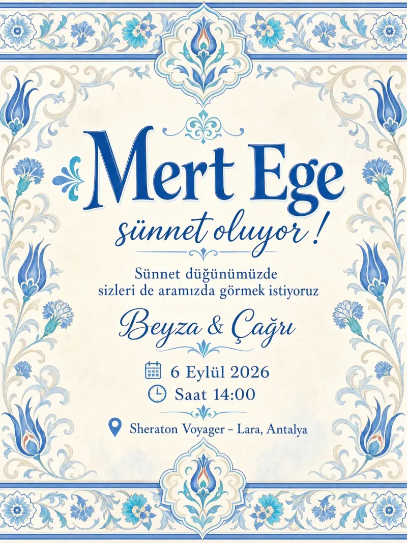 Pastel mavi çini motifleri ve Osmanlı süslemelerle geleneksel sünnet davetiyesi