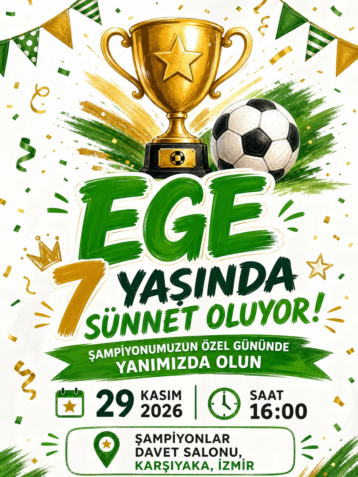 Altın kupa ve futbol topu motifli coşkulu şampiyon sünnet davetiyesi
