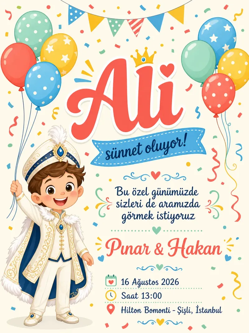 Renkli balonlar ve konfeti yağmuruyla eğlenceli karikatür sünnet davetiyesi