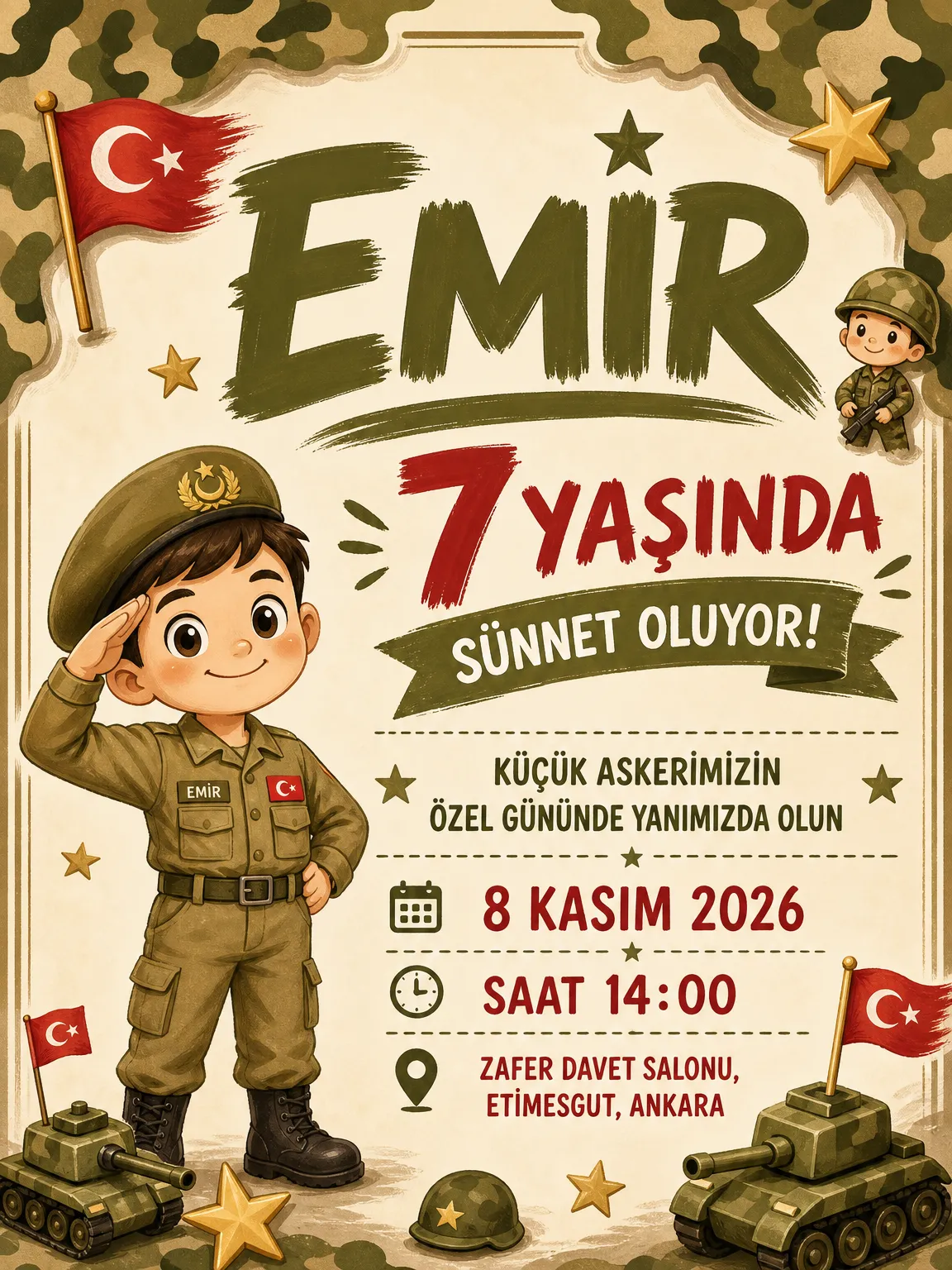 Kamuflaj desenli ve Türk bayraklı gururlu küçük asker sünnet davetiyesi