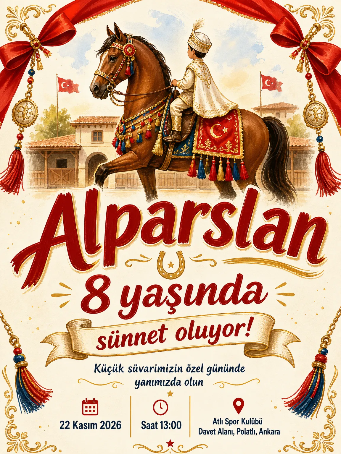 Kurdeleli at ve şenlikli geçit motifli gururlu küçük süvari sünnet davetiyesi