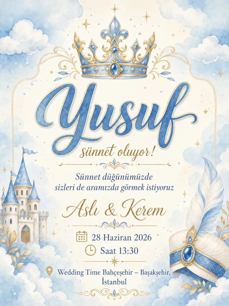 Suluboya mavi prens tacı ve altın detaylarla zarif sünnet davetiyesi