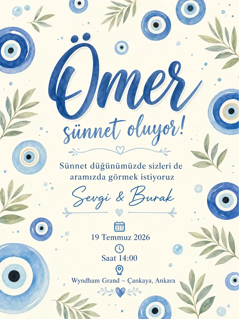 Suluboya nazar boncuğu motifleri ve pastel mavi tonlarda modern sünnet davetiyesi
