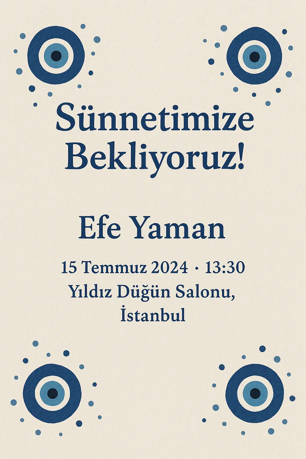 Nazar boncuğu desenleriyle süslenmiş mavi ve krem renkli sünnet davetiyesi