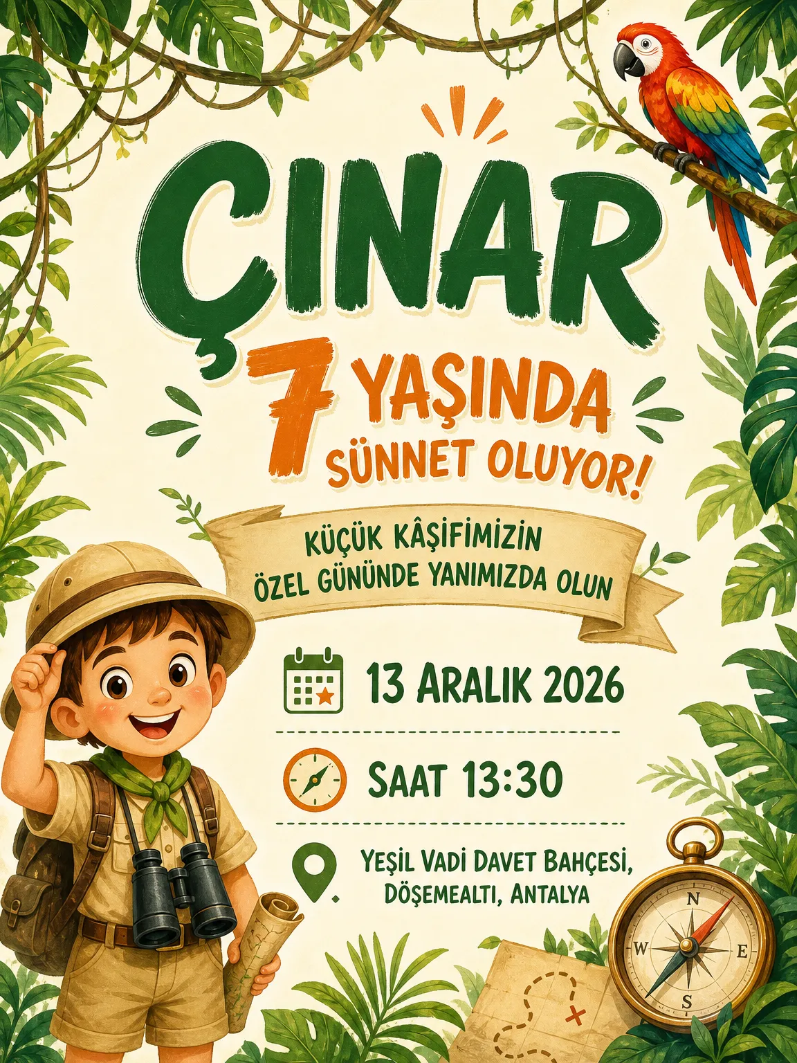 Kaşif şapkalı çocuk ve orman sarmaşığı motifli maceralı sünnet davetiyesi