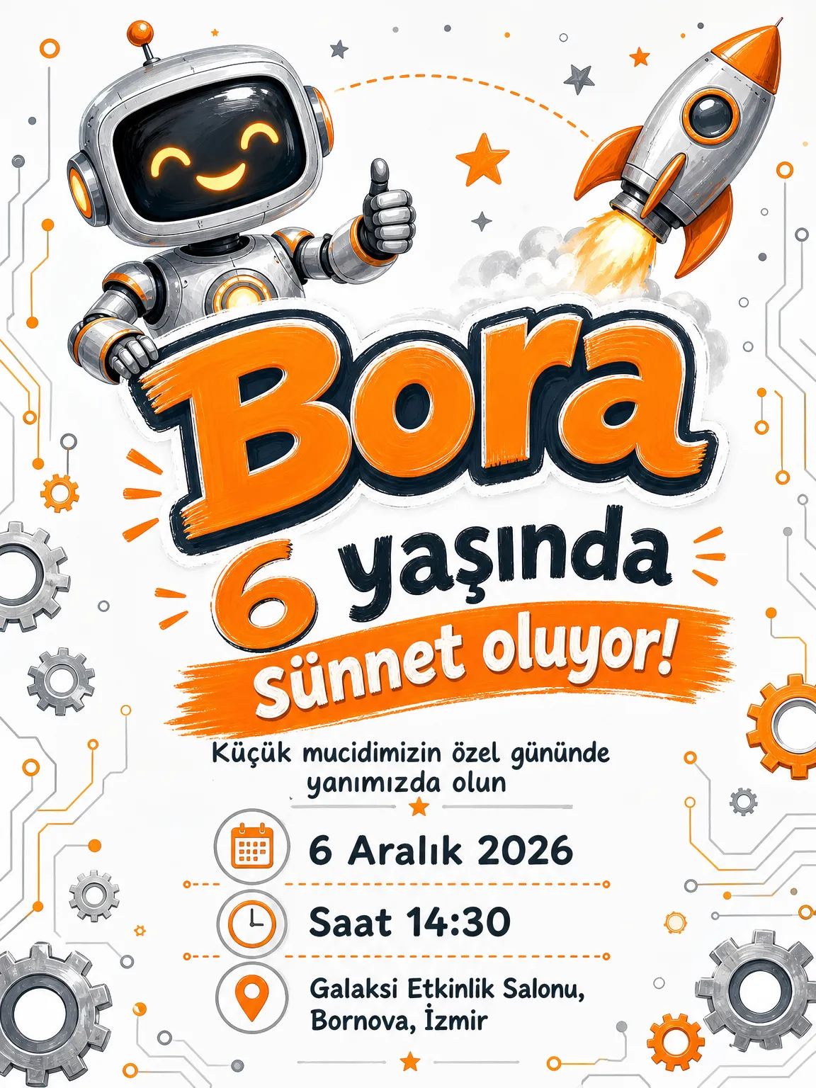 Sevimli robot ve devre deseni motifli eğlenceli modern sünnet davetiyesi