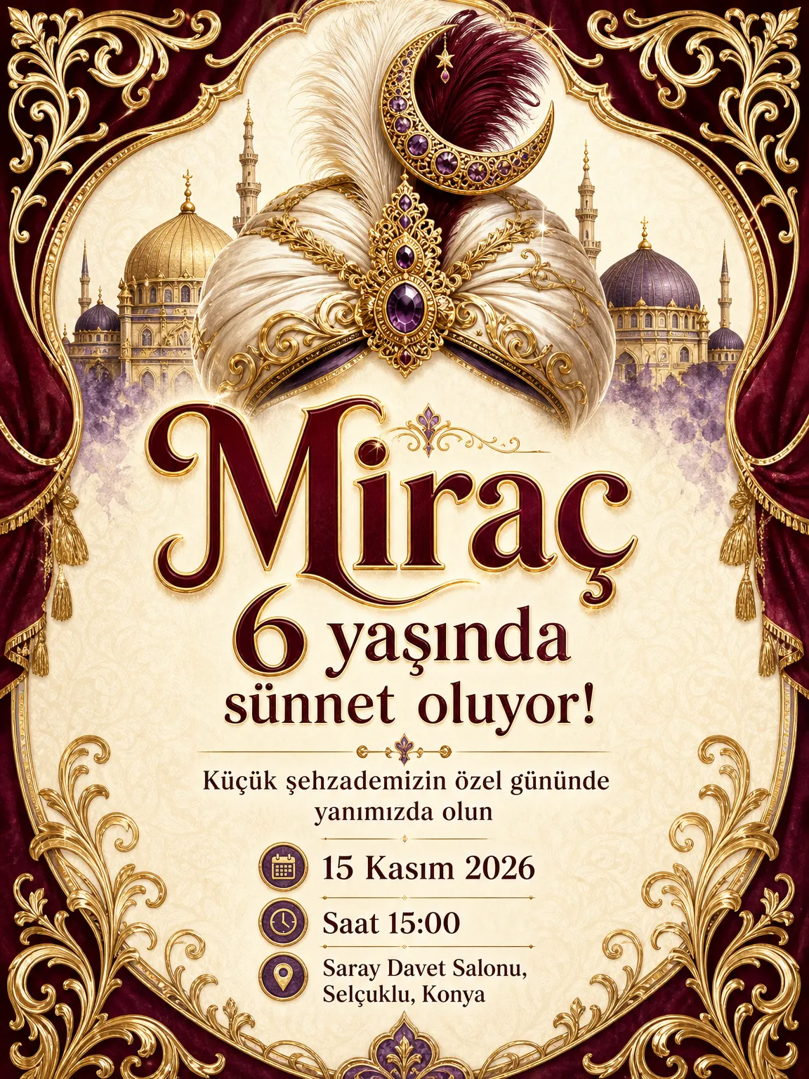 Görkemli Osmanlı sarığı ve altın varak süslemeli asil şehzade sünnet davetiyesi