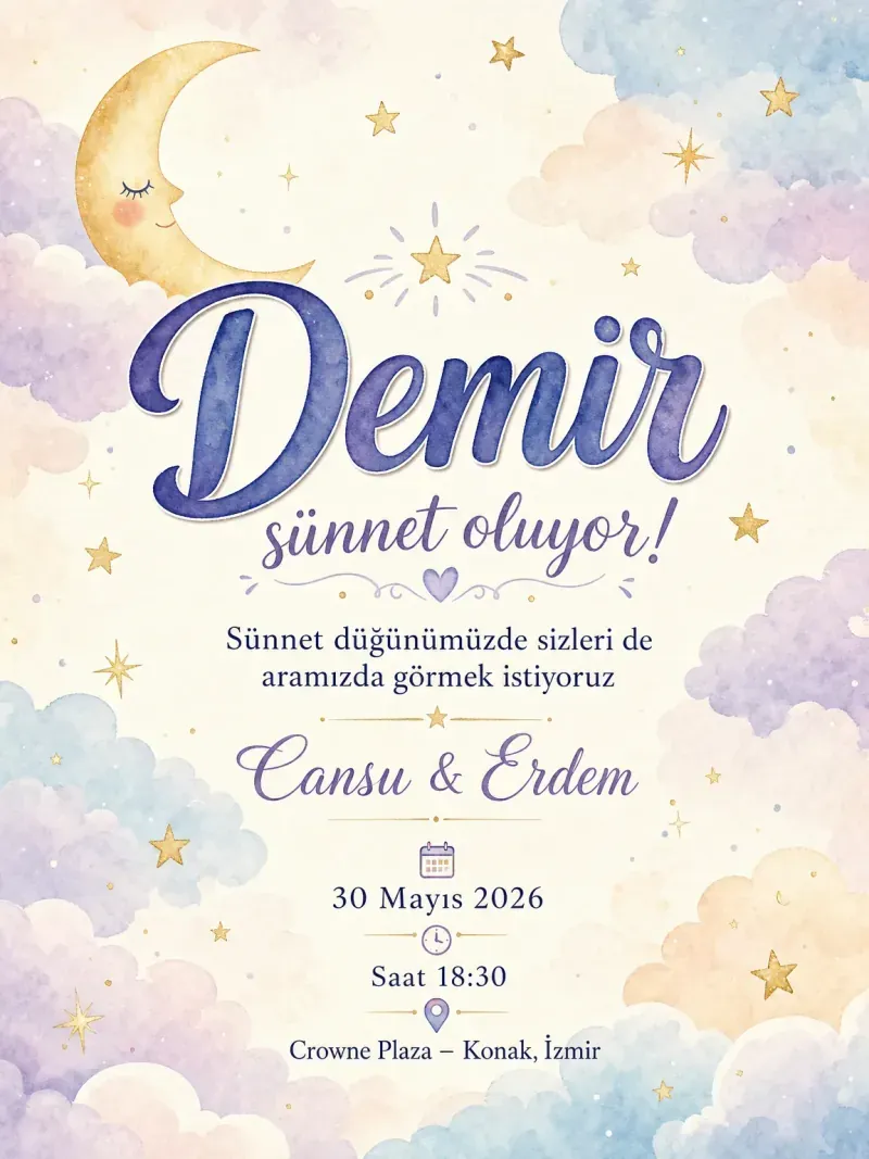 Suluboya yıldız ve ay motifleriyle düşsel pastel sünnet davetiyesi