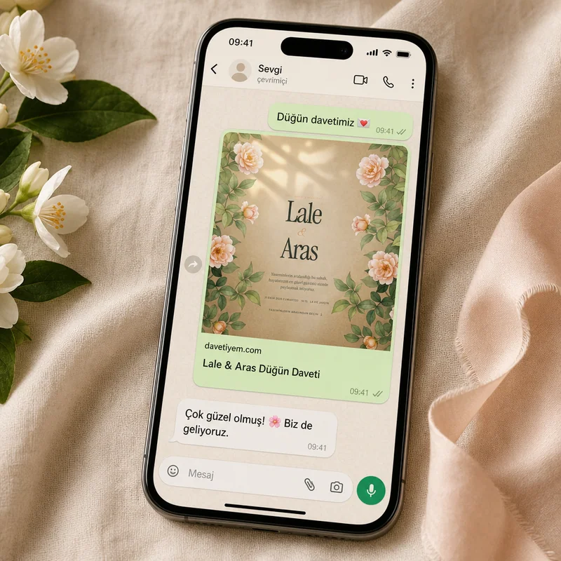 WhatsApp mesajında Yasemin Perdesi temalı düğün sitesi bağlantı önizlemesi