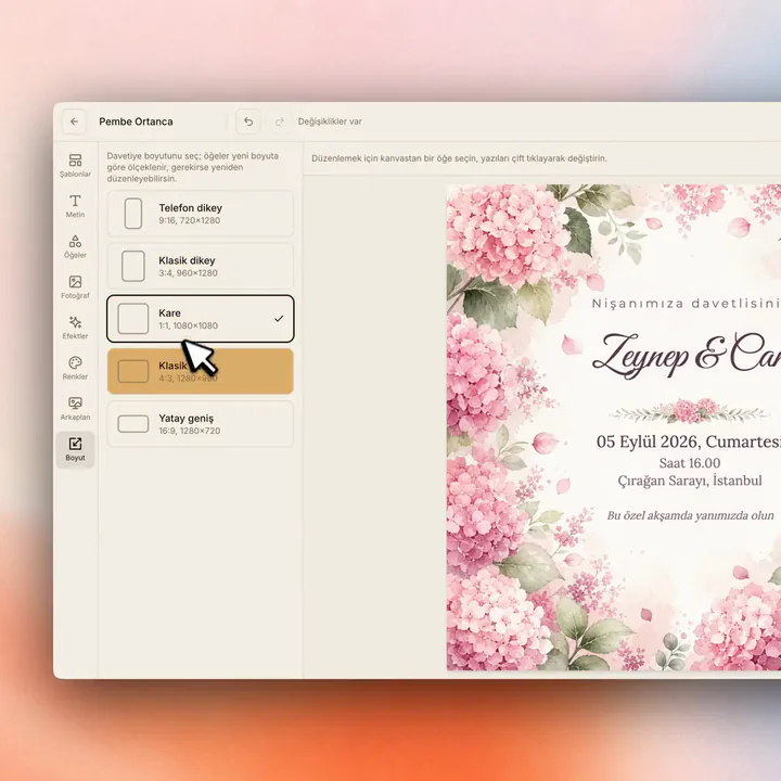 Online davetiye editöründe tasarımı farklı en boy oranlarına uyarlama